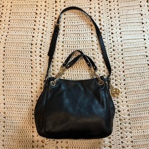 Michael Kors Jet Set Medium Gather Shoulder Tote Black Leather with Gold Chains